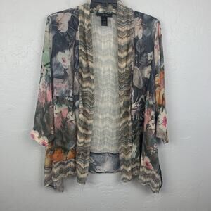Ali Miles Kimono Womens 1X Multicolor Floral Sheer Chiffon Open Front Boho Top